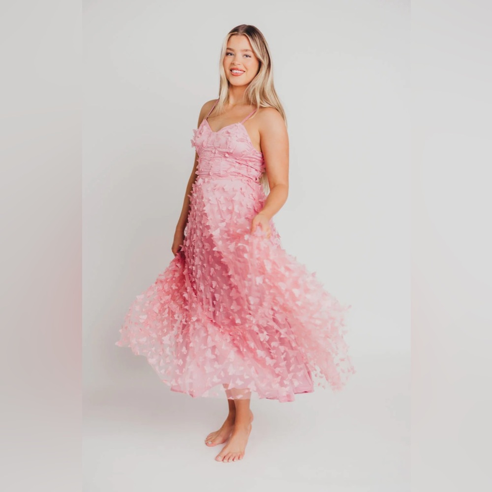 Reagan Butterfly Bustier Midi Dress in Pink - Bump Friendly